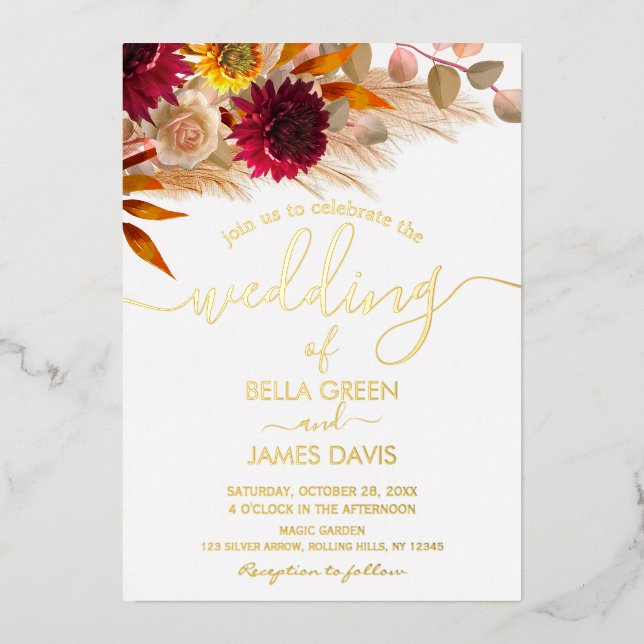 Invitación Con Relieve Metalizado Elegante Fiesta de Bodas de Grass Pampas (Anverso)