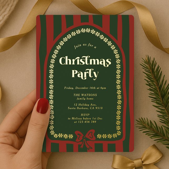 Invitación Con Relieve Metalizado Elegante Fiesta de cena de Navidades verdes rojos  (Elegant gold foil Christmas Party Invitation with stripe background in red and green)
