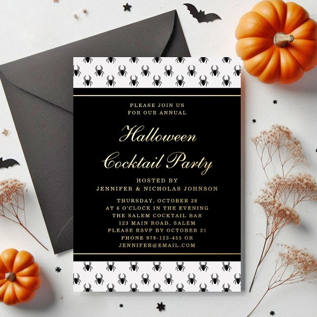Invitación Con Relieve Metalizado Elegante Fiesta de cócteles de Halloween blanco ne (Elegant Black White Halloween Cocktail Party Gold Foil Invitation)