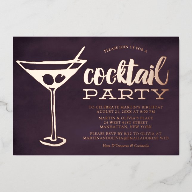 Invitación Con Relieve Metalizado Elegante Fiesta de cócteles de vidrio de Martini P (Anverso)