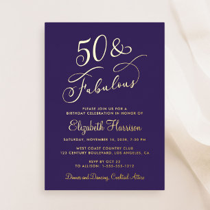 Invitación Con Relieve Metalizado Elegante fiesta de cumpleaños 50 y fabuloso púrpur