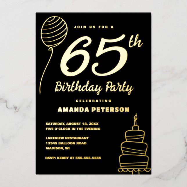 Invitación Con Relieve Metalizado Elegante Fiesta de Cumpleaños 65 Real Gold (Anverso)