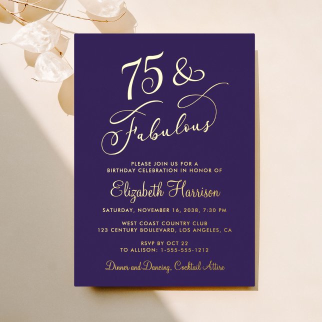 Invitación Con Relieve Metalizado Elegante Fiesta de Cumpleaños 75º Morado (Subido por el creador)