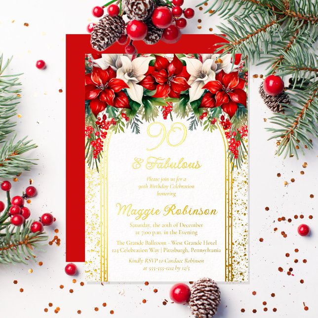 Invitación Con Relieve Metalizado Elegante fiesta de cumpleaños 90 de Poinsettias Fl (Elegant Red and White Poinsettias Holiday "90 and Fabulous" Birthday Party Gold Foil Invitation)