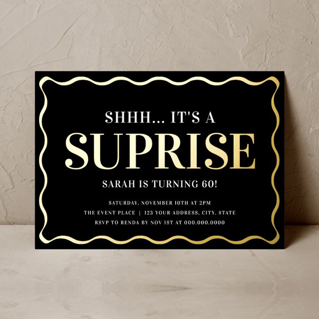 Invitación Con Relieve Metalizado Elegante fiesta de cumpleaños de sorpresa en negro (Subido por el creador)