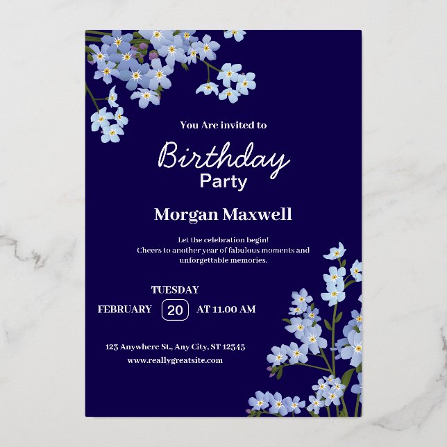 Invitación Con Relieve Metalizado Elegante fiesta de cumpleaños floral (Anverso)