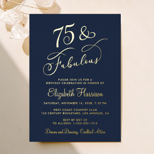 Invitación Con Relieve Metalizado Elegante fiesta de cumpleaños número 75 azul