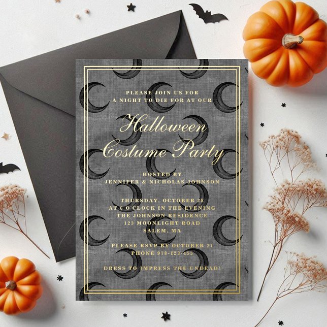 Invitación Con Relieve Metalizado Elegante Fiesta de disfraces gótico de la luna de  (Elegant Gothic Moon Halloween Costume Party Foil Invitation)