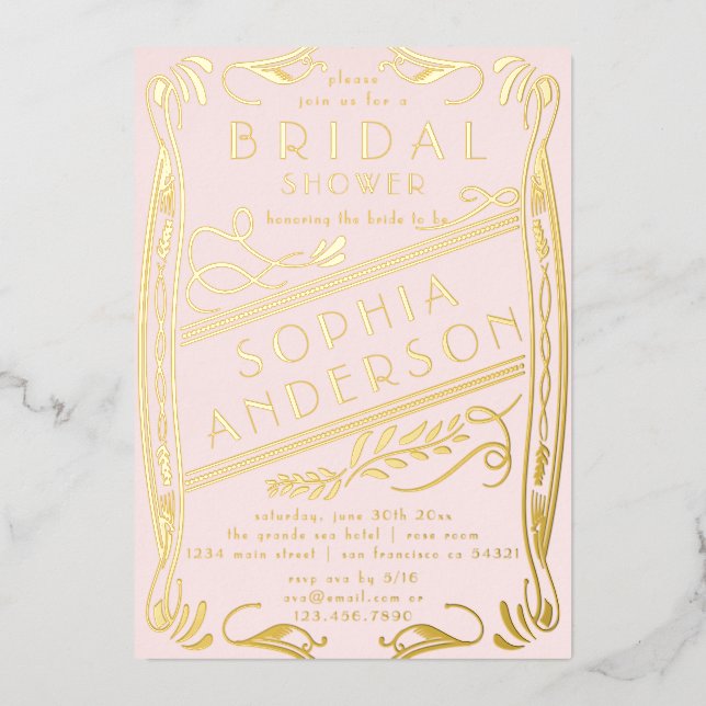 Invitación Con Relieve Metalizado Elegante Fiesta de ducha con flores doradas rosada (Anverso)