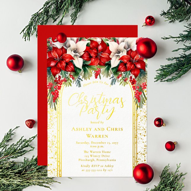 Invitación Con Relieve Metalizado Elegante fiesta de feriado de Navidades florales d (Red and white poinsettias and berries bouquet, arched gold foil frame and text Christmas Party)