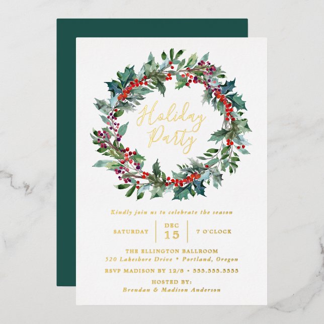 Invitación Con Relieve Metalizado Elegante fiesta de feriado Holly Berry Wreath (Anverso/Reverso)
