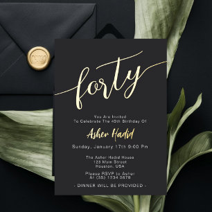 Invitación Con Relieve Metalizado Elegante Fiesta de Golden Script 40 cumpleaños