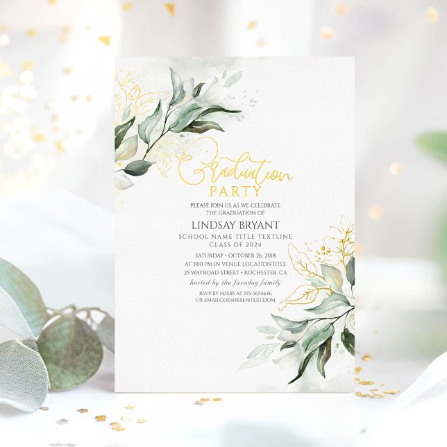 Invitación Con Relieve Metalizado Elegante Fiesta de Graduación Boho de Green Sage G (Greenery Graduation Invitations)