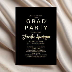 Invitación Con Relieve Metalizado Elegante Fiesta de Graduación con Caligrafía Negra