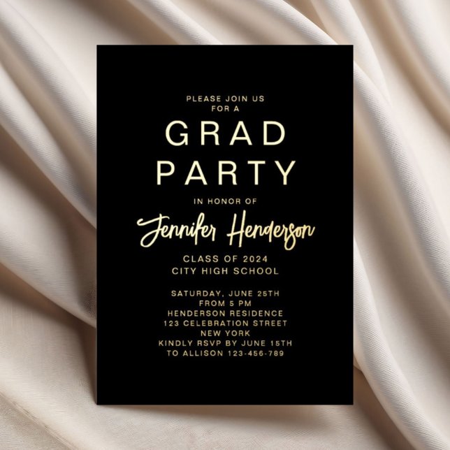 Invitación Con Relieve Metalizado Elegante fiesta de graduación de caligrafía negra (Elegant Black Calligraphy Graduation Party Gold Foil Invitation)