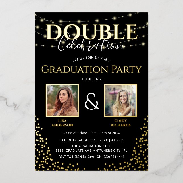 Invitación Con Relieve Metalizado Elegante fiesta de graduación de doble celebración (Anverso)