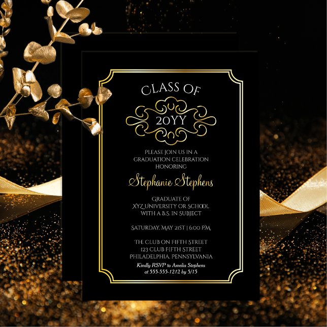 Invitación Con Relieve Metalizado Elegante Fiesta de Graduación de la Escuela Superi (Elegant Ticket Frame College or University Graduation Announcement Party Invitation -Black Gold Foil)