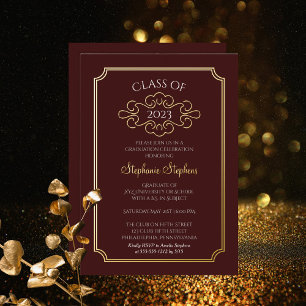 Invitación Con Relieve Metalizado Elegante Fiesta de Graduación del Colegio Maroon F