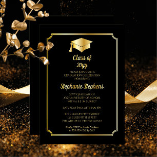 Invitación Con Relieve Metalizado Elegante fiesta de graduación universitaria negro 