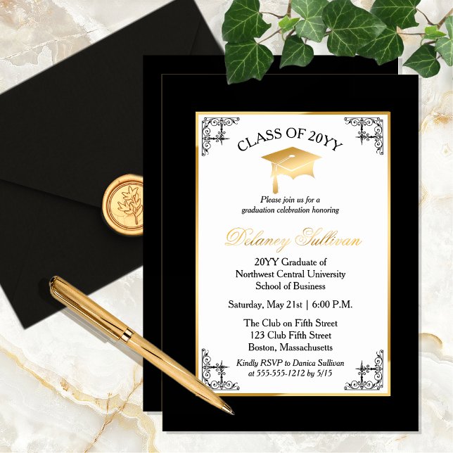 Invitación Con Relieve Metalizado Elegante Fiesta de Graduación Universitaria Oro (Elegant Gold Foil, Black and White Formal College Graduation Party Invitation)