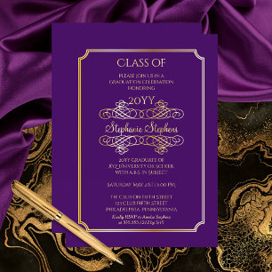 Invitación Con Relieve Metalizado Elegante Fiesta de Graduación Universitaria Púrpur