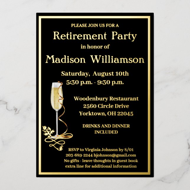Invitación Con Relieve Metalizado Elegante Fiesta de Jubilación Oro REAL Negro (Anverso)