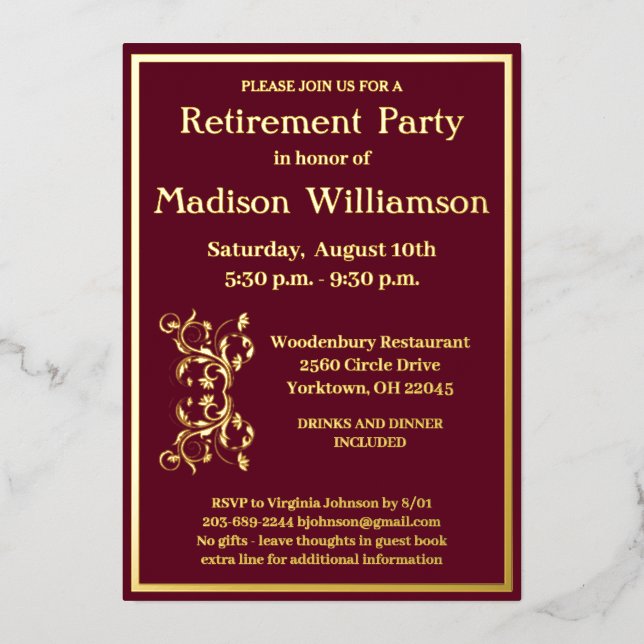 Invitación Con Relieve Metalizado Elegante Fiesta de Jubilación Oro REAL Rojo (Anverso)