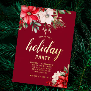 Invitación Con Relieve Metalizado Elegante Fiesta de Navidad Floral Poinsettia