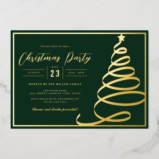 Invitación Con Relieve Metalizado Elegante Fiesta de Navidades del Oro Verde (Anverso)