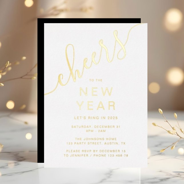 Invitación Con Relieve Metalizado Elegante Fiesta de Nochevieja (Elegant New Year's Eve Party Gold Foil Invitation)