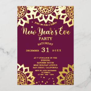 Invitación Con Relieve Metalizado Elegante Fiesta de Nochevieja de Oro Morado Mandal