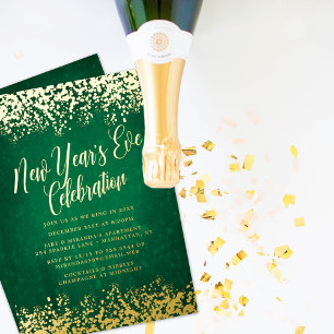 Invitación Con Relieve Metalizado Elegante Fiesta de Nochevieja Verde Confetti