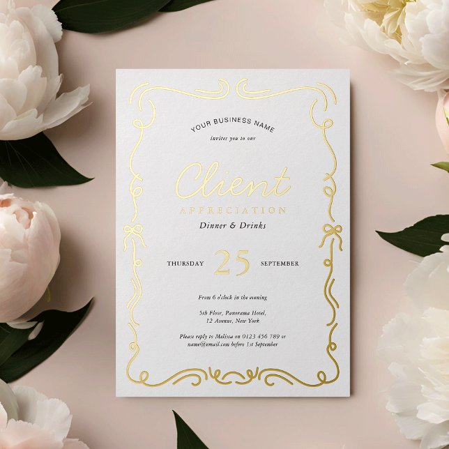 Invitación Con Relieve Metalizado Elegante Fiesta de personal Evento de Apreciación  (Elegant appreciation event invitations in white and real gold foil (can also be silver or rose gold))