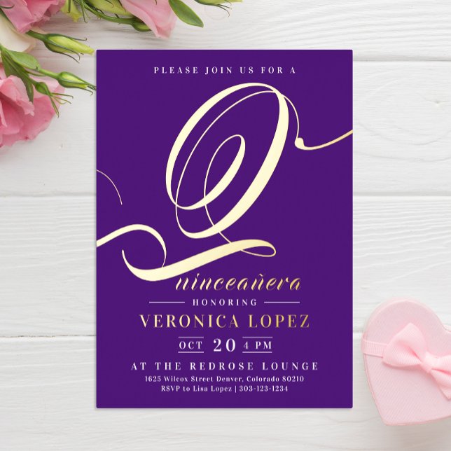 Invitación Con Relieve Metalizado Elegante Fiesta de Quinceañera 15 Púrpura Moderno (Subido por el creador)