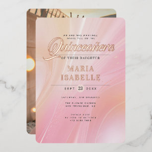Invitación Con Relieve Metalizado Elegante fiesta de Quinceañera de mármol rosa oro 