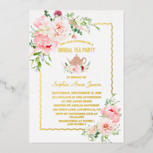 Invitación Con Relieve Metalizado Elegante fiesta de té nupcial con flores rosadas y