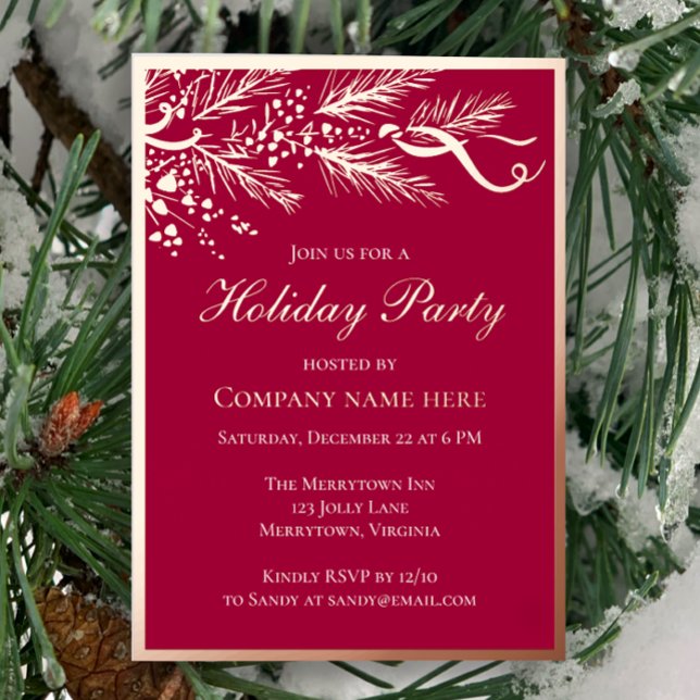 Invitación Con Relieve Metalizado Elegante fiesta de vacaciones de negocios rojos Ro (Unique custom corporate holiday party invitation template. Real foil festive red and hand drawn pine)