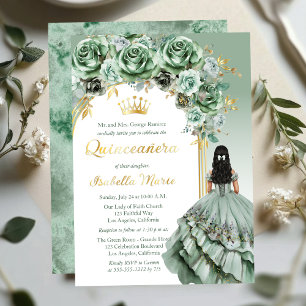 Invitación Con Relieve Metalizado Elegante fiesta Quinceañera floral de rosa verde s