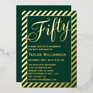 Invitación Con Relieve Metalizado Elegante Fifty Esmeralda Hoja de Oro Cumpleaños 50