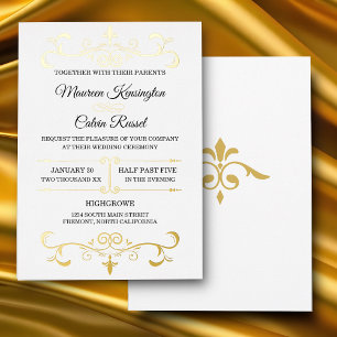 Invitación Con Relieve Metalizado Elegante filigrí dorado sobre blanco, Boda