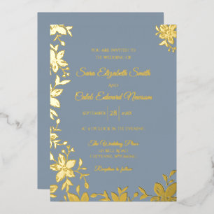 Invitación Con Relieve Metalizado Elegante Flor Estriada en Hoja de Oro sobre Azul P