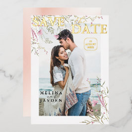 Invitación Con Relieve Metalizado Elegante Flor Silvestre Rosa Boda Save The Date