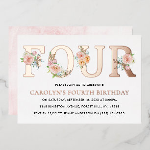 Invitación Con Relieve Metalizado Elegante Floral 44 cumpleaños Real