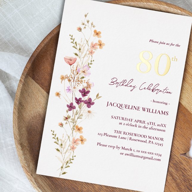 Invitación Con Relieve Metalizado Elegante Floral 80º cumpleaños de flores silvestre (Subido por el creador)