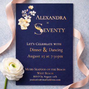 Invitación Con Relieve Metalizado Elegante floral acuarela azul 70 cumpleaños 