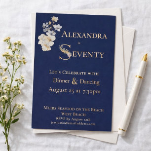 Invitación Con Relieve Metalizado Elegante floral acuarela azul marino Cumpleaños 70