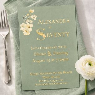 Invitación Con Relieve Metalizado Elegante Floral Acuarela AzulVerde Cumpleaños 70
