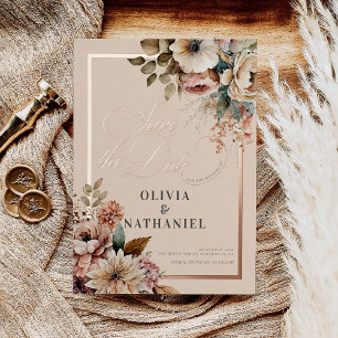 Invitación Con Relieve Metalizado Elegante Floral Acuarela Boda Save the Date