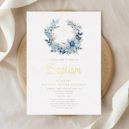 Invitación Con Relieve Metalizado Elegante Floral Azul niño religioso Bautismo Oro