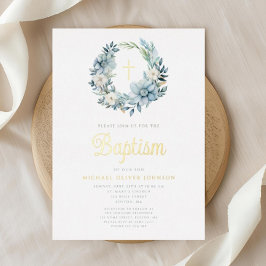Invitación Con Relieve Metalizado Elegante Floral Azul niño religioso Bautismo Oro